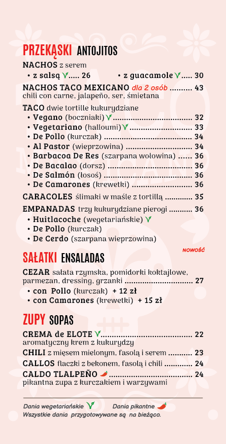 Przekąski - Sałatki - Zupy - Taco Mexicano Karta Menu 2024 - restauracja meksykańska Kraków