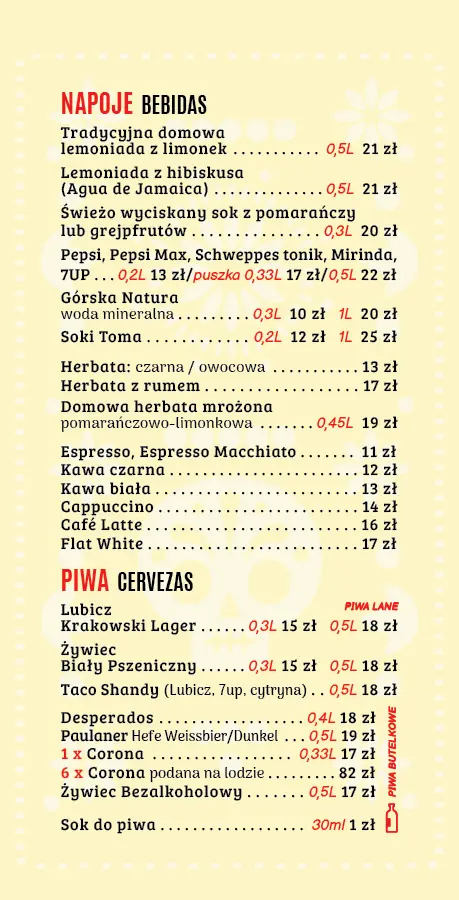 Napoje - Piwa - Taco Mexicano Karta Menu 2024 - restauracja meksykańska Kraków
