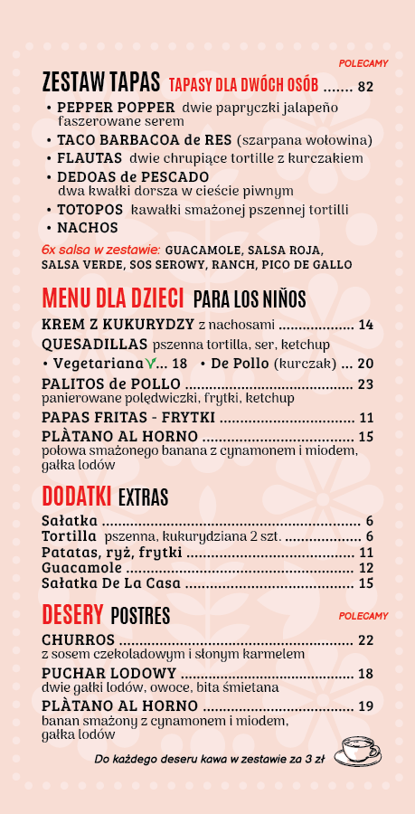 Tapas - Menu dla Dzieci - Deser - Taco Mexicano Karta Menu 2024 - restauracja meksykańska Kraków