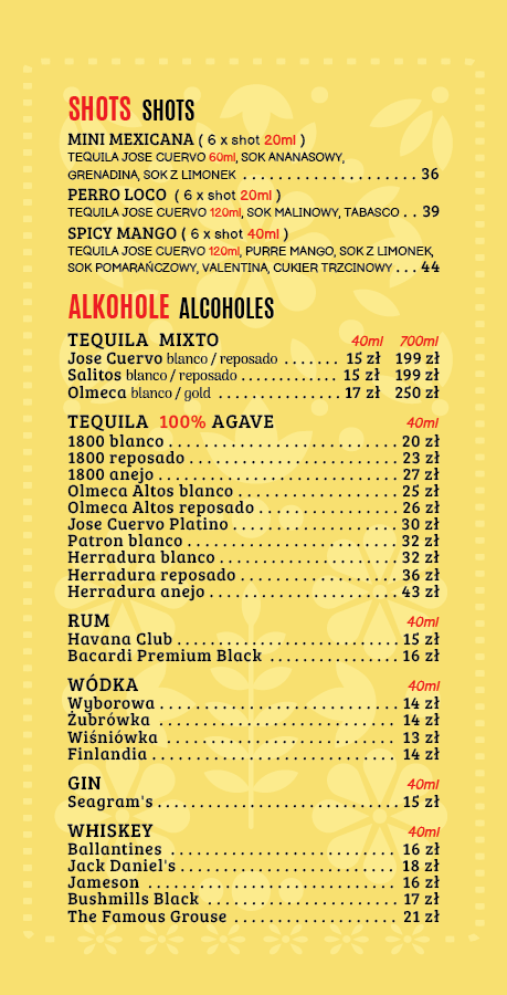 Alkohole - Taco Mexicano Karta Menu 2024 - restauracja meksykańska Kraków